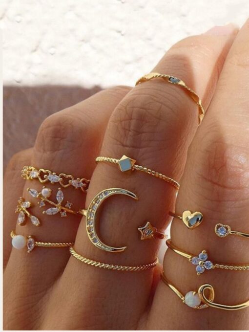 SHEIN 10pcs/set Fashionable Zinc Alloy Star & Moon & Rhinestone Decor Ring