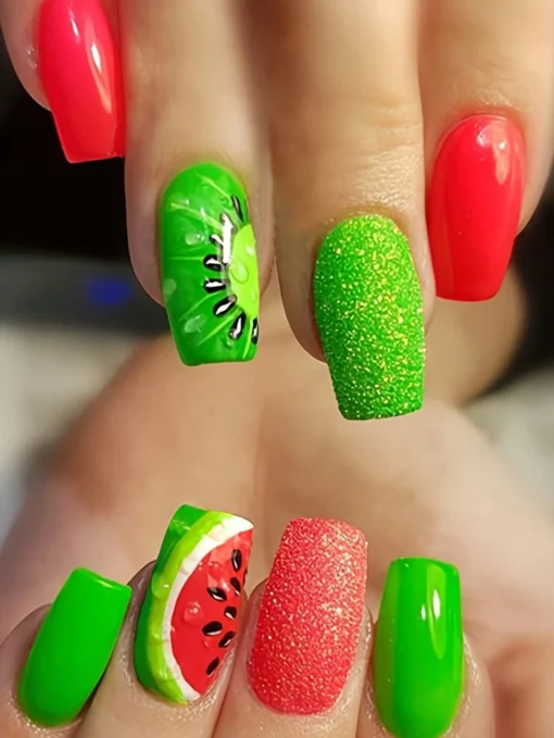 SHEIN 24pcs Long Coffin Shaped Y2K Watermelon Kiwi Nails