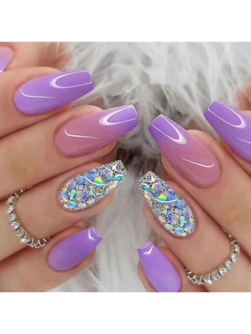 SHEIN Y2K Style Long Coffin Shape Fashionable Purple Holographic Full Cover False Nails