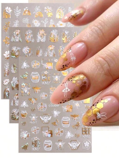 SHEIN 3Pcs Gold White Bee Flowers Nail Sticker Laser Leaves Floral Sliders Nail