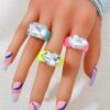 SHEIN 3pcs Y2k Candy Color Acrylic Chunky Resin Stackable Imitation Rhinestone Finger Ring Set Women Cosplay Party Jewelry