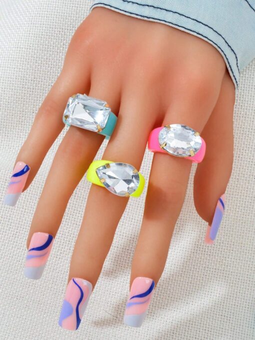 SHEIN 3pcs Y2k Candy Color Acrylic Chunky Resin Stackable Imitation Rhinestone Finger Ring Set Women Cosplay Party Jewelry