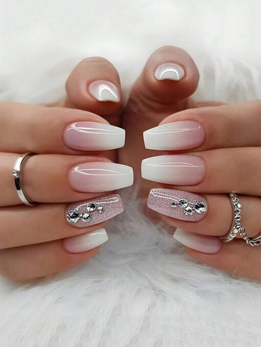 SHEIN Get Glamorous With 24pcs Short Coffin Gradient Glitter Rhinestone Decor Fake Nail