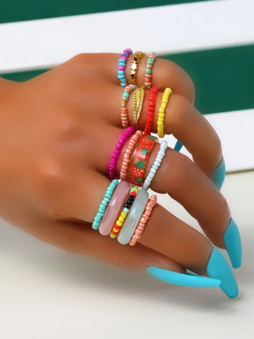 SHEIN 16pcs/Set Colorful Strawberry Beaded Ring