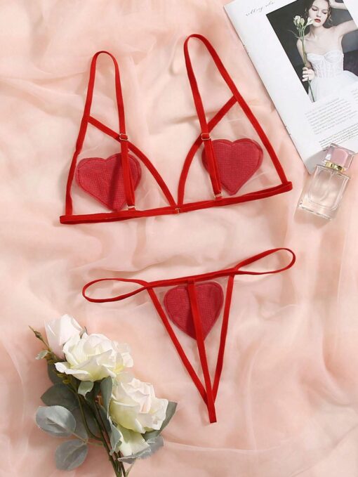 SHEIN Classic Sexy Heart Patched Mesh Lingerie Set