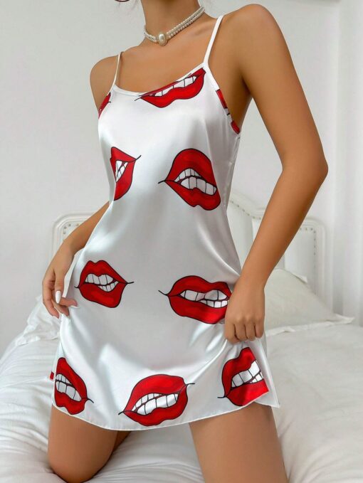 SHEIN Lip Print Satin Cami Pajama Nightdress