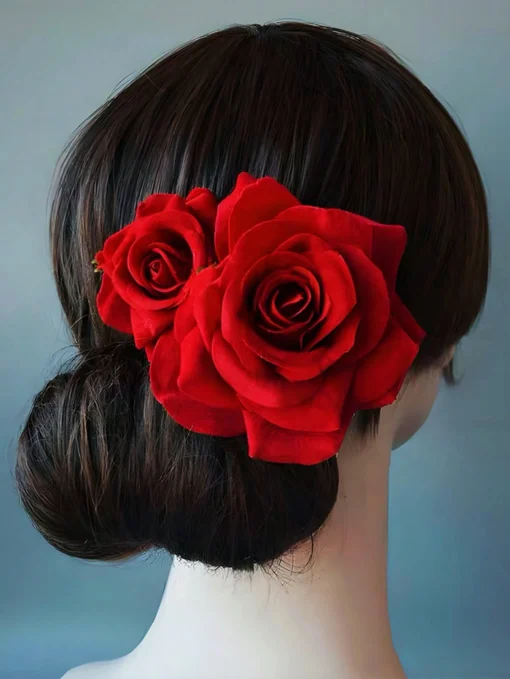 SHEIN 2pcs Fashionable Romantic Faux Rose Flower Hair Clips