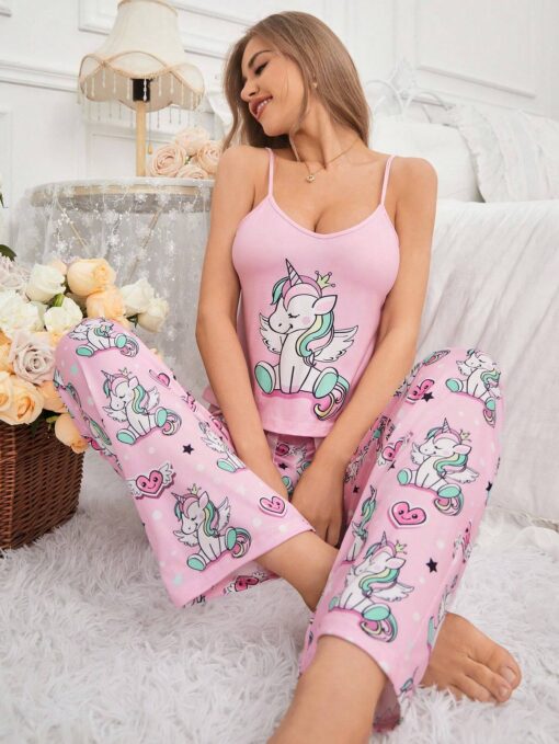 SHEIN CoupledUp Women's Cartoon Unicorn Print Sleepwear Set Pajama Set