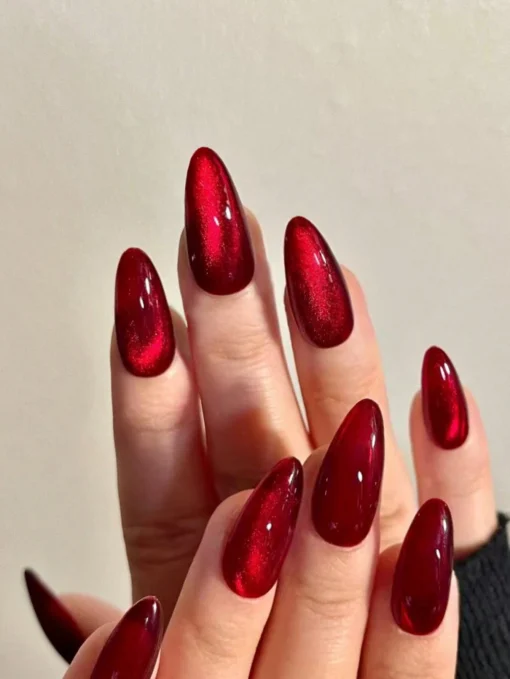 SHEIN Aesthetic Blood-Red Crystal Cat Eye Press On Nails