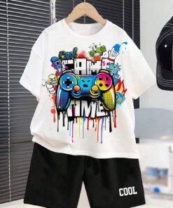 SHEIN Tween Boys' Casual Simple Video Game Printed Short Sleeves T-Shirt And Shorts Set