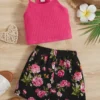 SHEIN Young Girl Ribbed Knit Cami Top & Floral Print Shorts