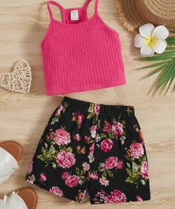 SHEIN Young Girl Ribbed Knit Cami Top & Floral Print Shorts