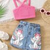 SHEIN Young Girl Solid Color Vest & Unicorn Graphic Denim Print Skirt Set