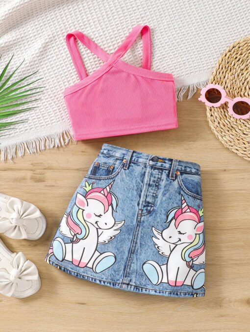 SHEIN Young Girl Solid Color Vest & Unicorn Graphic Denim Print Skirt Set
