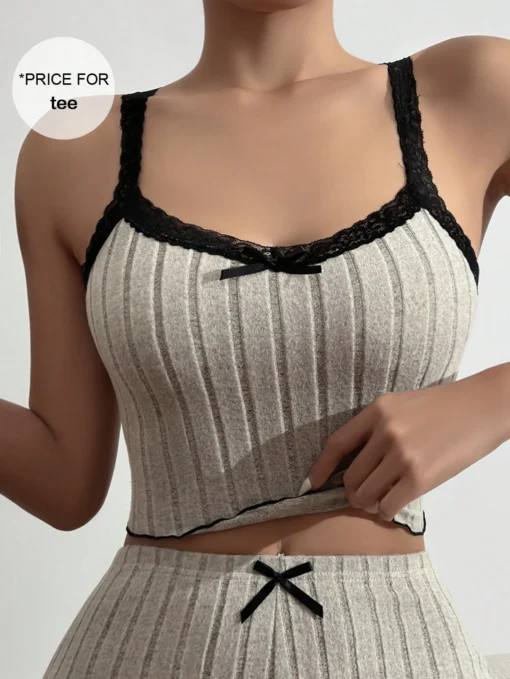 SHEIN Women Splicing Lace Bow Detail Decorated Cami Top Pajamas