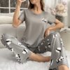 SHEIN Women's Cute Panda Cartoon Short Sleeve Pajama Set With Long Pants