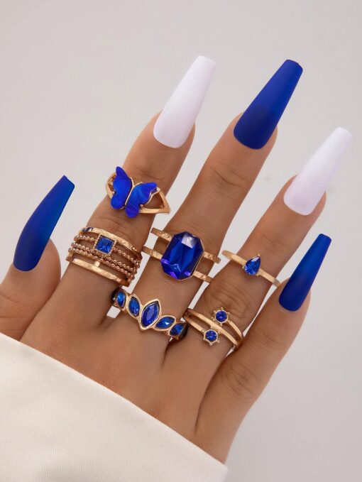 SHEIN imoli 6pcs set Fashionable Zinc Alloy Rhinestone & Butterfly Decor Ring
