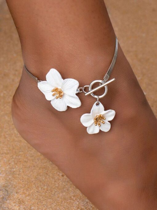SHEIN 1pc Fashionable White Painted Floral Minimalist & Elegant Women Anklet