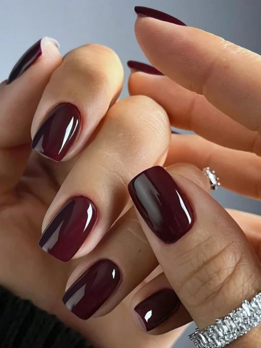 SHEIN 24pcs Short Square Solid Color Burgundy/Maroon/Red Fake Nail
