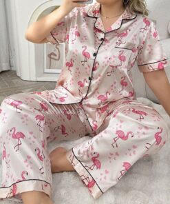 Flamingo Patterned Plus Size Short Sleeve & Long Pants Silk-Like Pajama Set