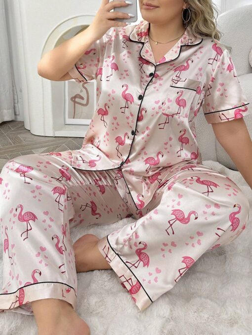 Flamingo Patterned Plus Size Short Sleeve & Long Pants Silk-Like Pajama Set
