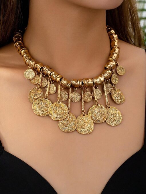 SHEIN New Vintage Asymmetrical Round Tassel Pendant Necklace