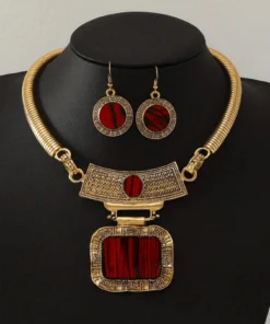 SHEIN 3PCS Set Of Retro Carved Geometric Rectangular Necklace And Earring Set