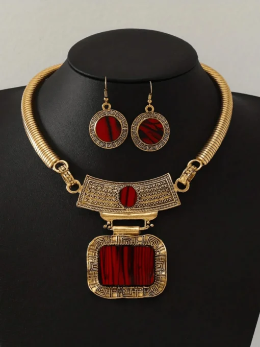 SHEIN 3PCS Set Of Retro Carved Geometric Rectangular Necklace And Earring Set