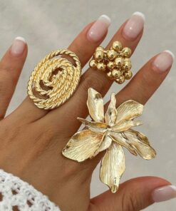 SHEIN 3pcs Exaggerated Metal Large Floral & Bead Spiral Ring Set