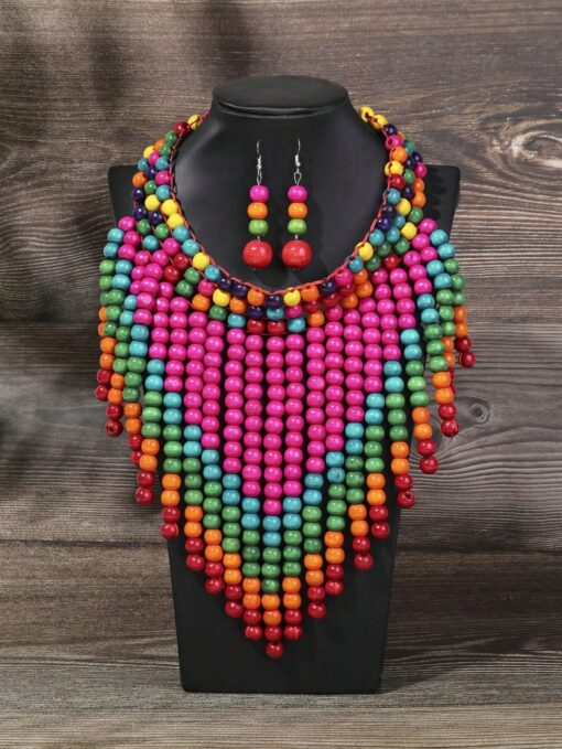 SHEIN Exaggerated Multi-Layered Beards, Handmade Heavy Wood Beads Necklace And Earrings