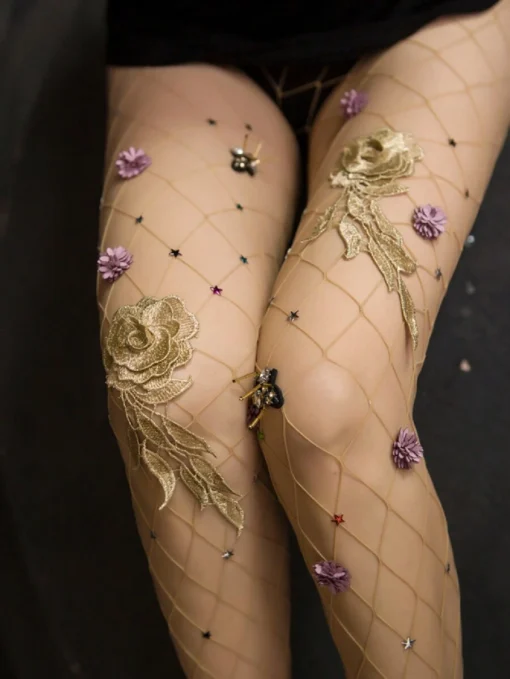 SHEIN Sexy Floral Bee Fishnet Stockings, Handmade Breathable