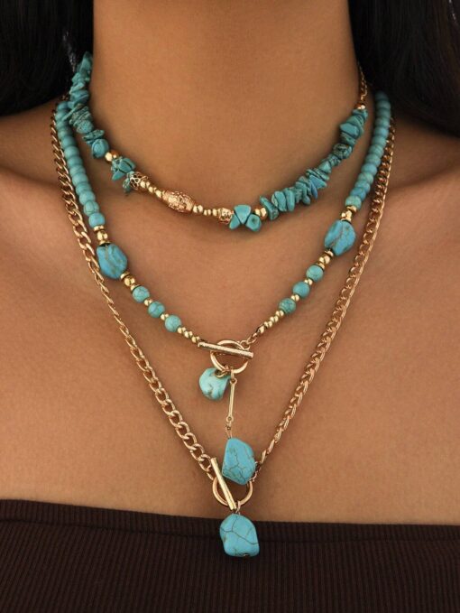 SHEIN Set Bohemian Style Beaded & Faux Turquoise Pendant Necklace