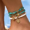 SHEIN 3pcs/Set Turquoise Stone Chip Beads & Soft Ceramic Beaded Anklet